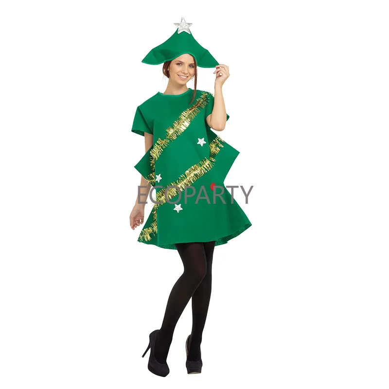 Parent-Children Cosplay Costume Cute Christmas Tree Shaped Short Sleeve Dress for Women Kids Green Christmas Party Props