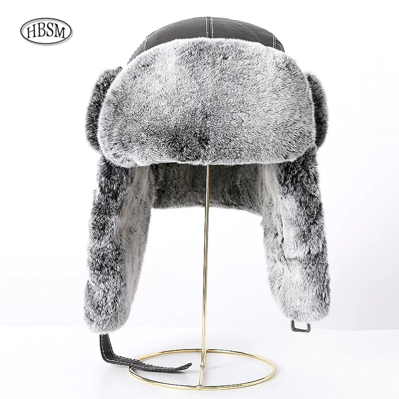 Fur Hat Men Russian Ushanka Bomber Hats Pilot Trapper Trooper Hat Winter Warm Real Rabbit Fur Earflap Men Snow Caps