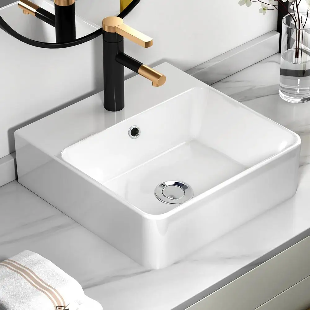 Lavabo rectangular de cerámica para baño, color blanco, encima del mostrador, diseño moderno