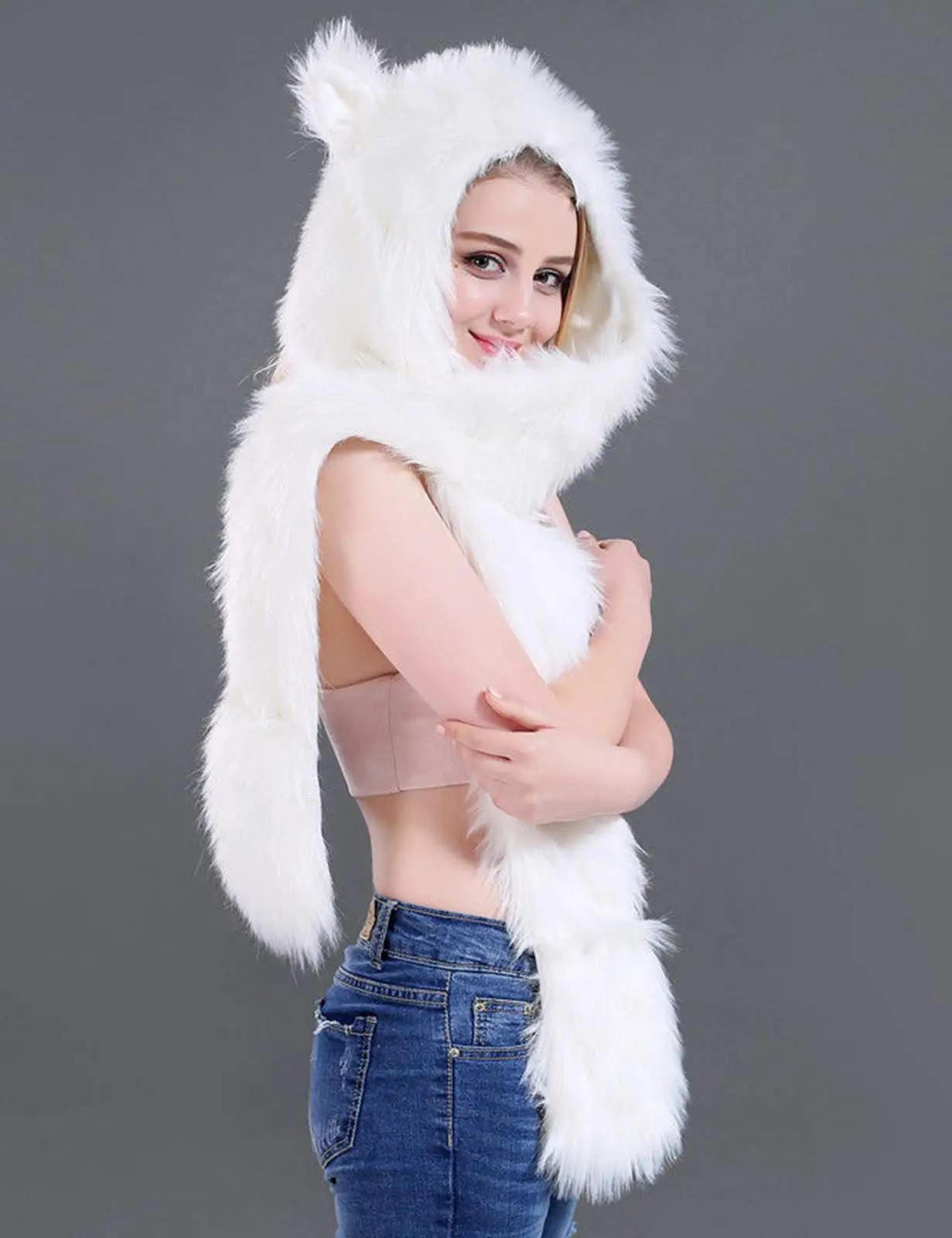 Polar Bear, Halloween Faux Fur Animal Hat Ear Gloves 3 in1 Fleece Hooded Plush Warm Earmuff Animal Cap with Scarf Gloves