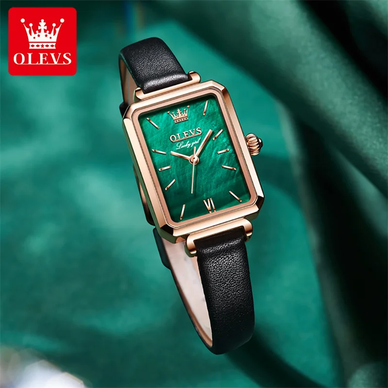 OLEVS-Relógio de quartzo verde com mostrador retangular feminino, pulseira de couro, marca superior, luxo, nova moda