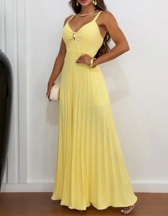 Women's Sexy Metal Decor Deep V-Neck Hollow Out Front Overalls Casual Shirred Back Cinched Waist Pleated Wide Leg Jumpsuit