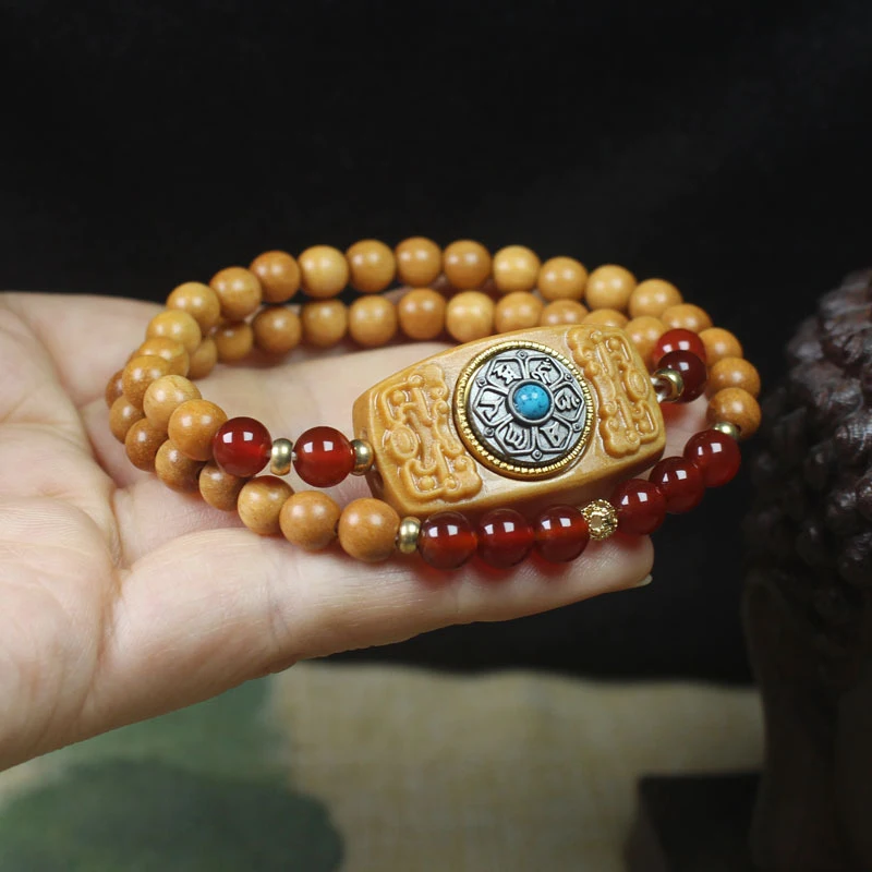 

Indonesian Sandalwood Six-Character Mantra Double-Layer Bracelet, Fortune-Turning Sandalwood Prayer Beads for Men and Women