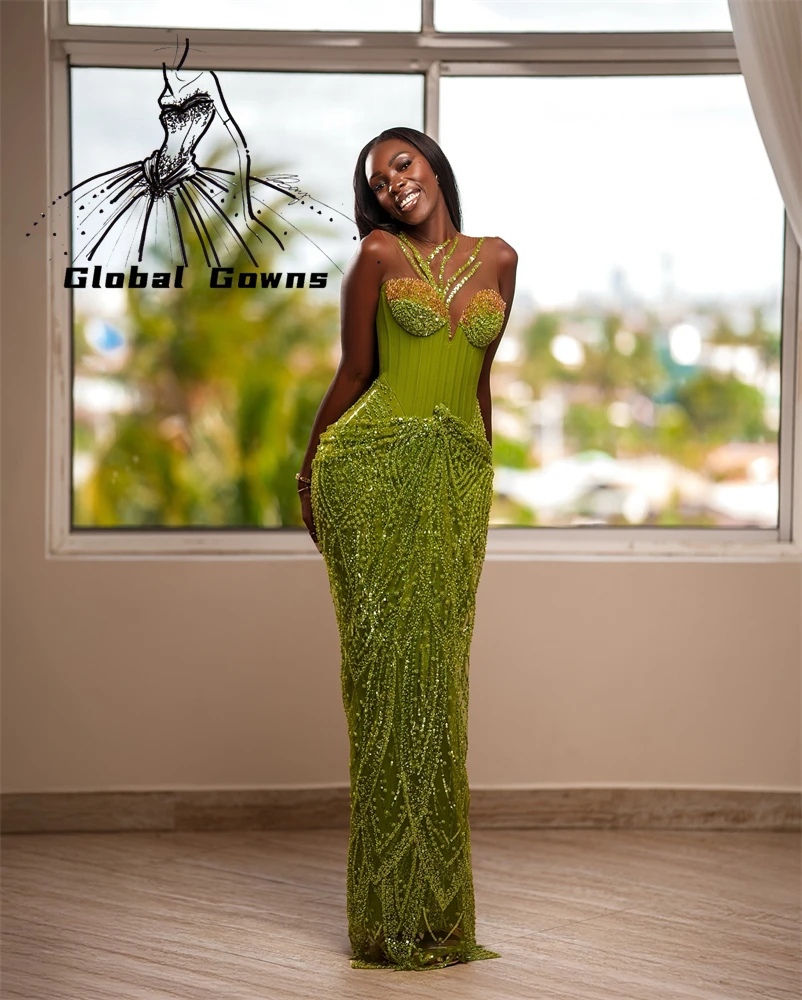 

Aso Ebi Green Sequin Evening Dresses Bead Crystal African Birthday Dress Luxury 2024 O Neck Formal Gown Customized