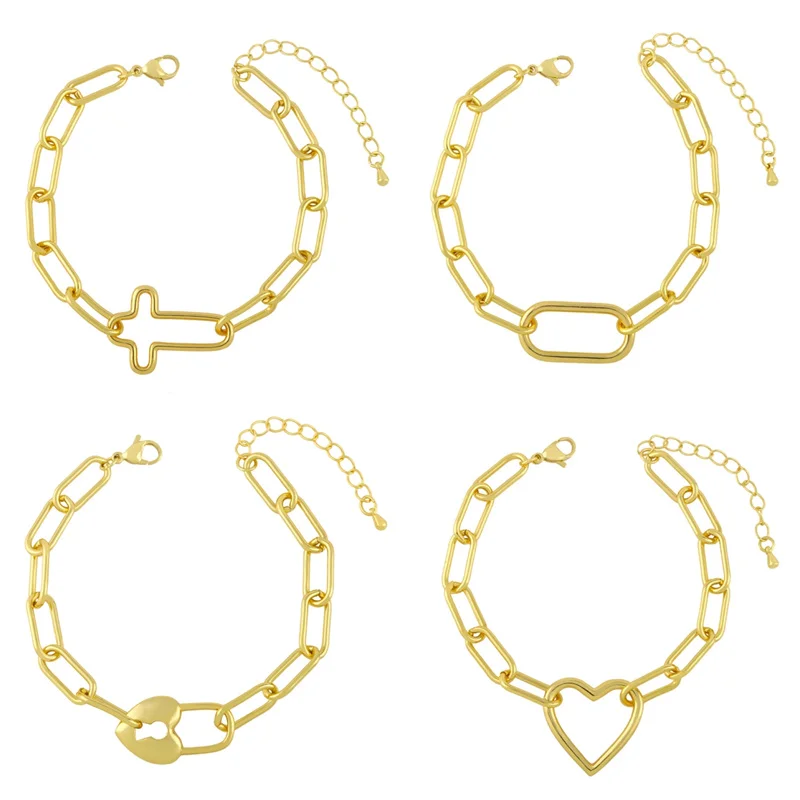 Clearance Bracelets / Gold Plated Cuban Link Bracelets for Women Hollow Heart Paperclip Chain Bracelets brtc72