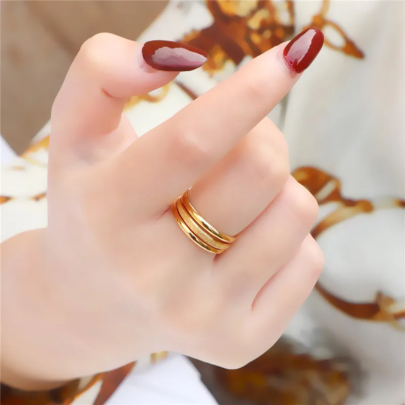 3/Pcs 2mm Thin Stainless Steel Frosted for Women Fashion Simple Gold Color Finger Rings Wedding Gifts Jewelry