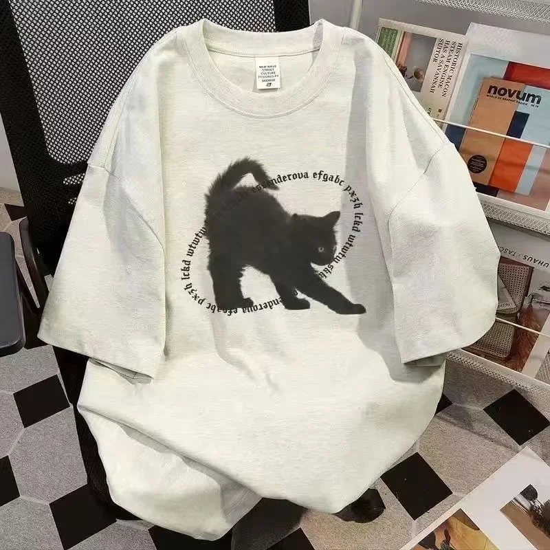 

Cute Black Kitten Printed T-shirt for Men and Women Retro Summer Fashion Trend Casual Comfy Couple Short Sleeve Top Harajuku