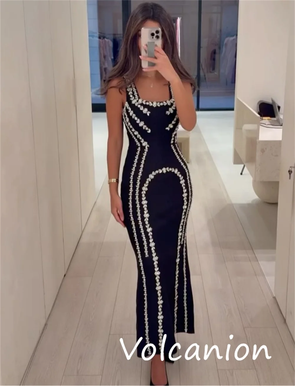 맞춤 제작된 모던 스타일 저지 스팽글 트럼펫 스퀘어넥 미디 드레스, 맞춤 행사용 정장 캐주얼 드레스