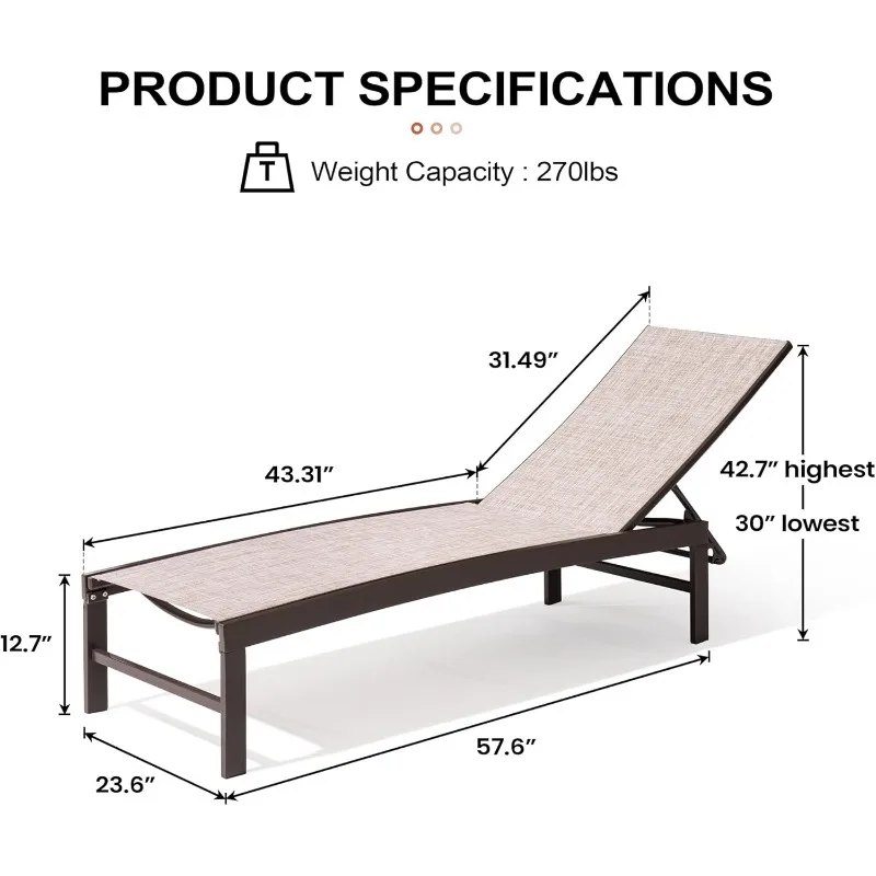 Crestlive Products Aluminum Adjustable Chaise Lounge Chair Outdoor Five-Position Recliner, Curved Design, All Weather for Patio