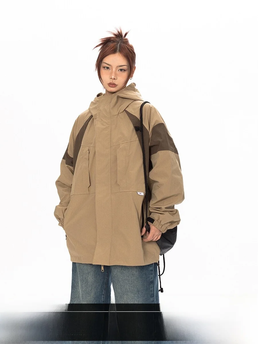 Street Style Casual Hooded Patchwork Color Block Jacket Small Label Design Outerwear Blackbb26s American Retro Fashion