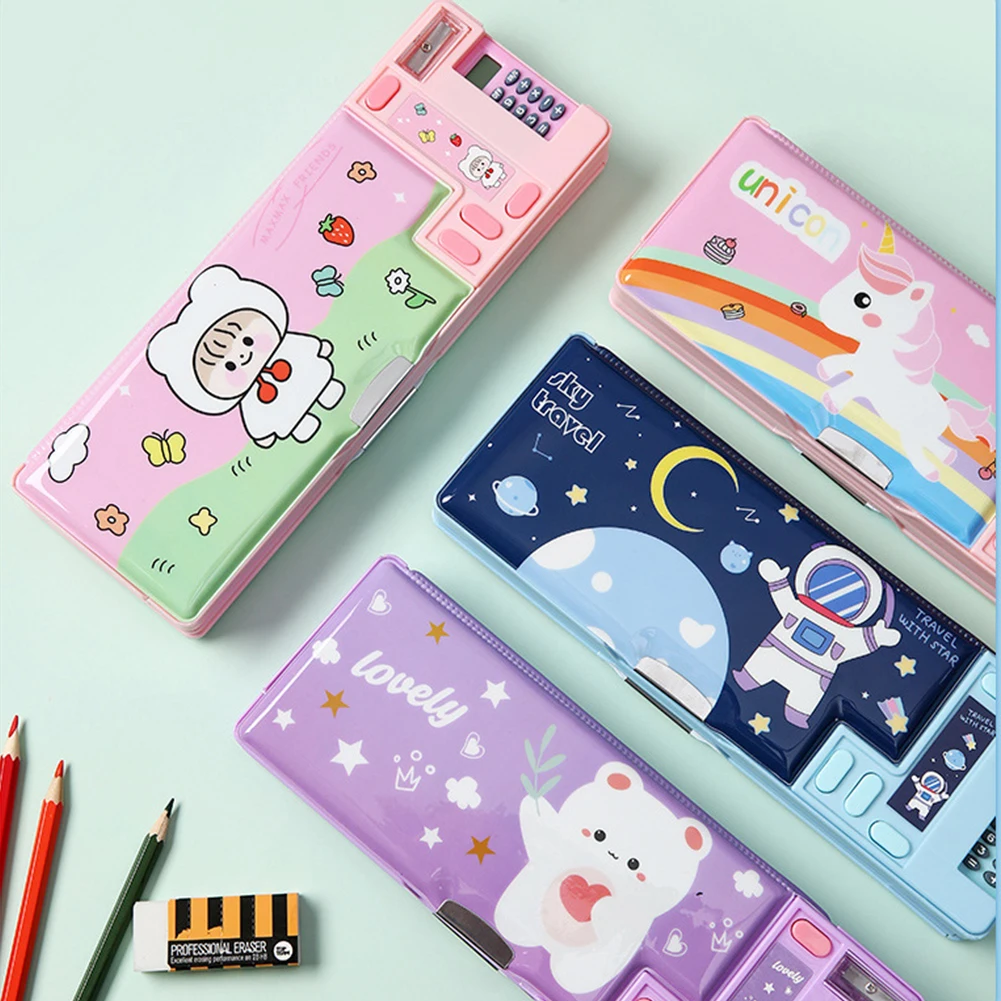 Imagem -02 - Cartoon Stationery Storage Box com Calculadora e Apontador Multifuncional Pencil Box Material Escolar Presente Infantil