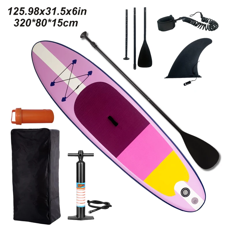 

A set of blue inflatable standing surfboards with accessories including manual pump, paddle, ankle rope, backpack, detachable f