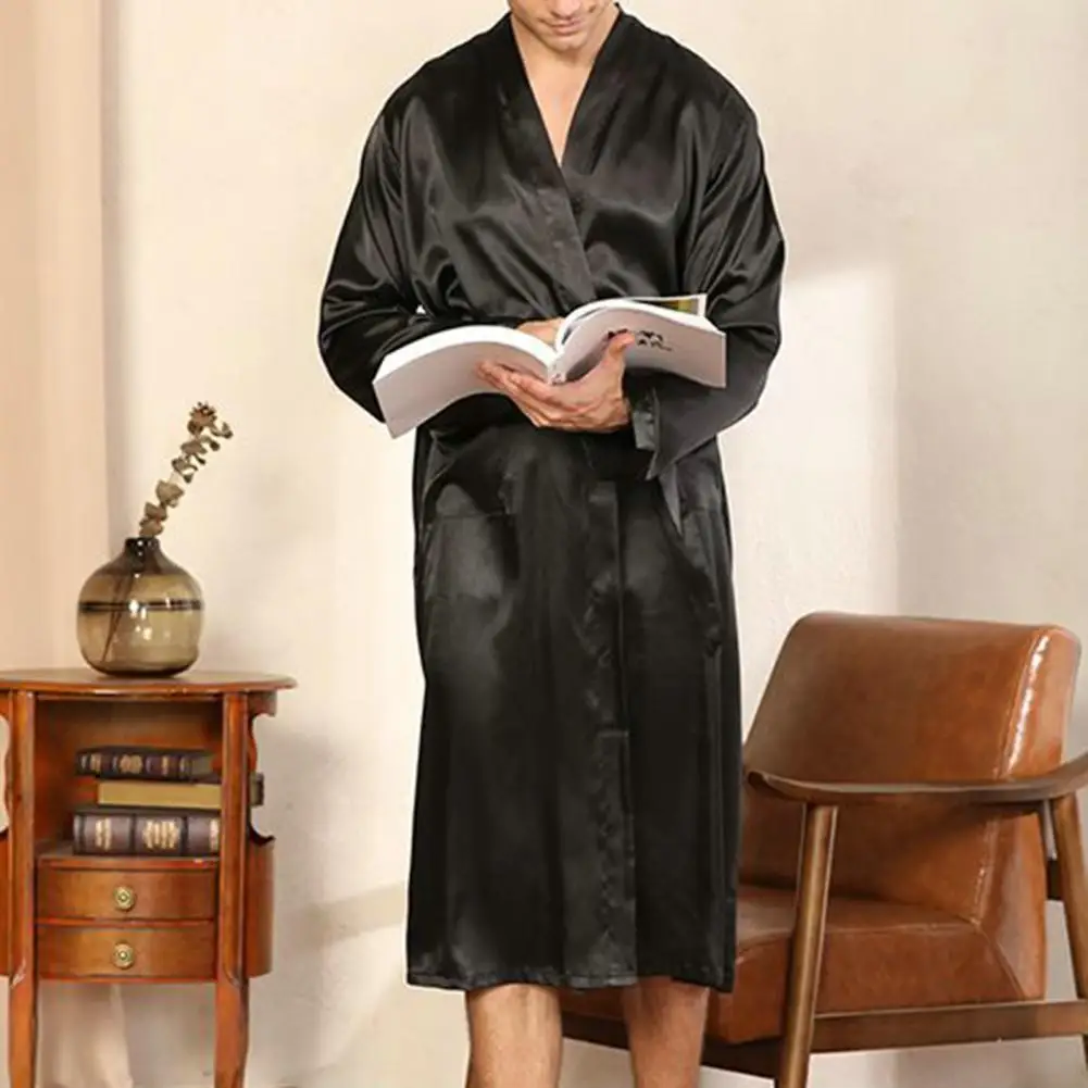 Men Bathrobe Long Nightgown Soft Silk Dressing Gown Bathrobe Lace Up Waist Belted Side Pockets Bathrobe Homewear Bath Robe