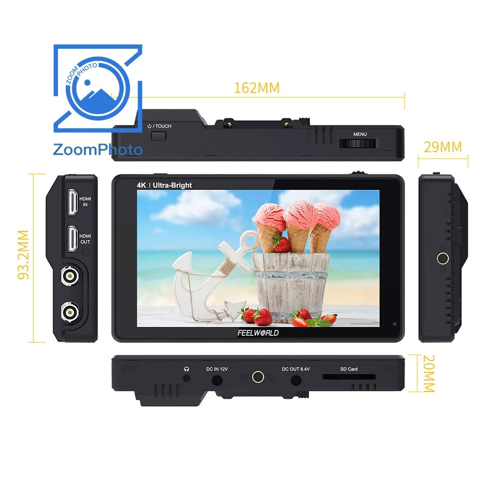Feelworld LUT6S 4K DSLR Camera Monitor 6" Ultra-Bright Touch Screen with HDR Waveform for Stabilizer