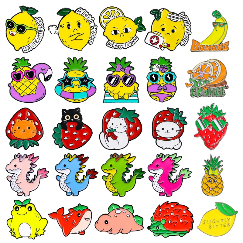 Creative Cartoon Bitter Lemon Enamel Pins Pineapple Strawberry Pitaya Cat Fruit Brooch Badge Trendy Cute Lapel Jewelry Gifts