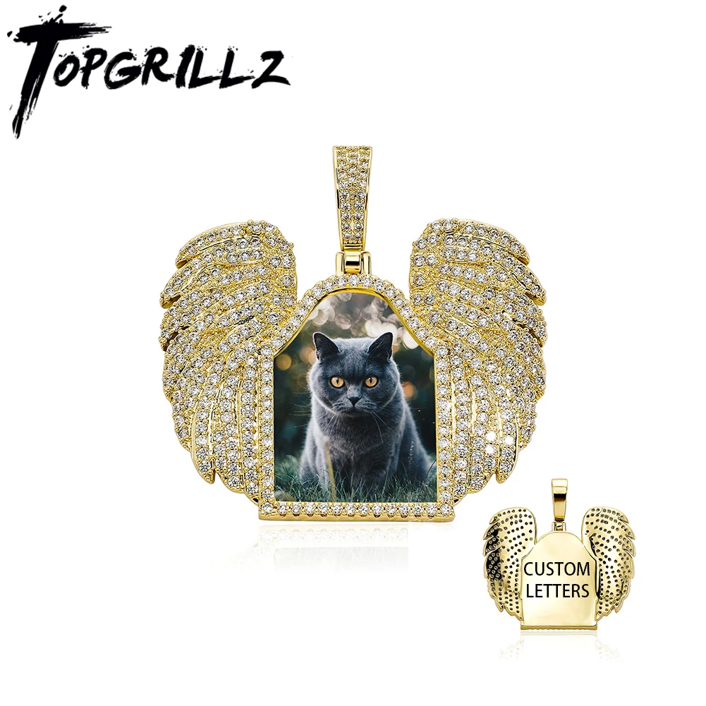 TOPGRILLZ Custom Photo Memory Medallions Wing Pendant Necklace Hip Hop Jewelry Personalized Cubic Zircon Chains Gift