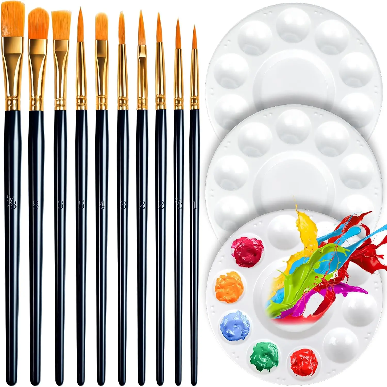 

Round Paint Tray Palettes and Brush Set, 3 Plastic Palettes with 10 Acrylic Brushes for Watercolor Oil Painting