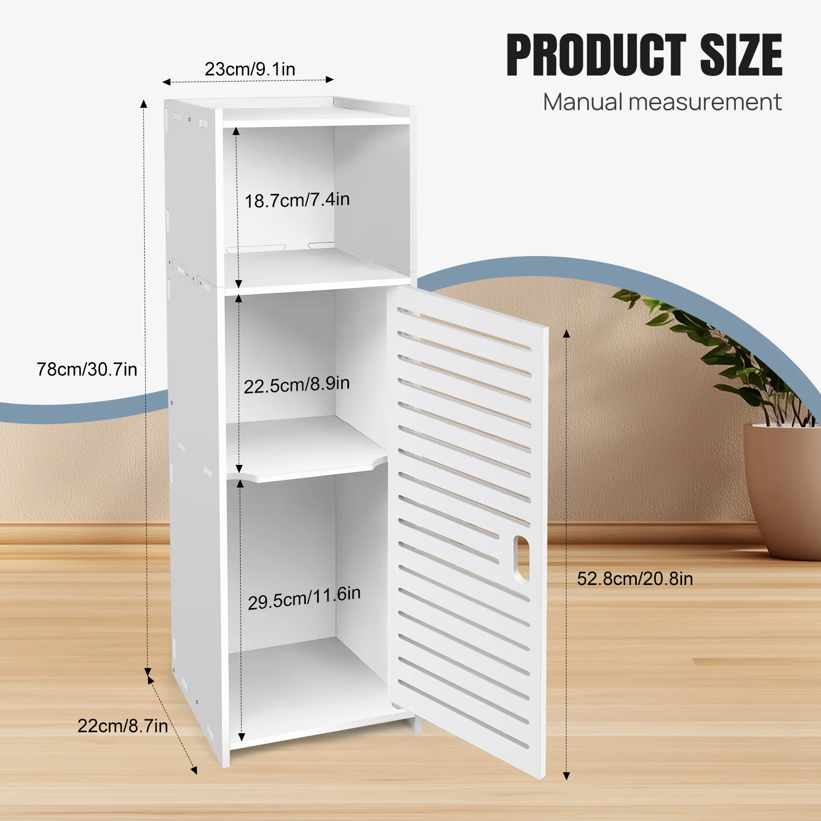 3 Tier Bathroom Floor Cabinet with Door & Open Shelves, Free Standing Storage Shelf for Living Room, Bedroom, Kitchen, Balcony