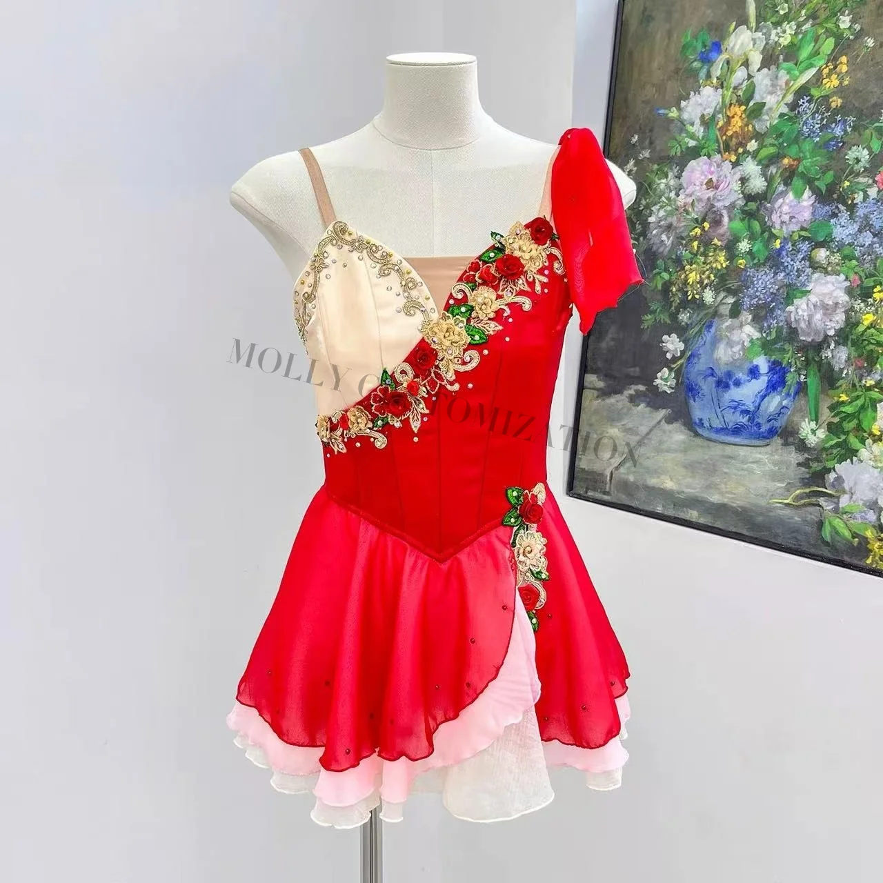 Hochwertiger, neuer, maßgeschneiderter Chiffonrock in Rot mit Cupid-Motiv für Ballettwettbewerbe und Aufführungen für Erwachsene und Kinder – Detail 3