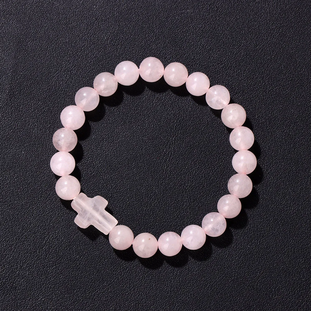 

Natural Stone Rose Quartzs Beads Rosary Cross Bracelet Onyx Meditation Bracelets For Men Women Prayer Yoga Jewelry Homme Pulsera