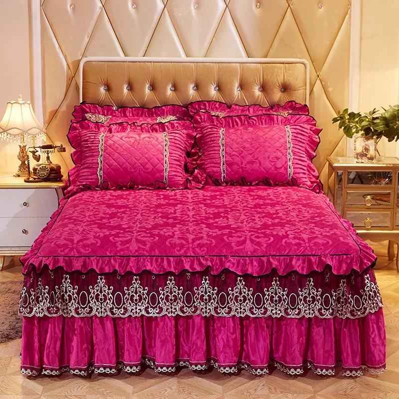 

3-piece Bed Skirt Set Modern Minimalist Lace Bedspread Household Dustproof Machine Washable Thickened Bed Covers