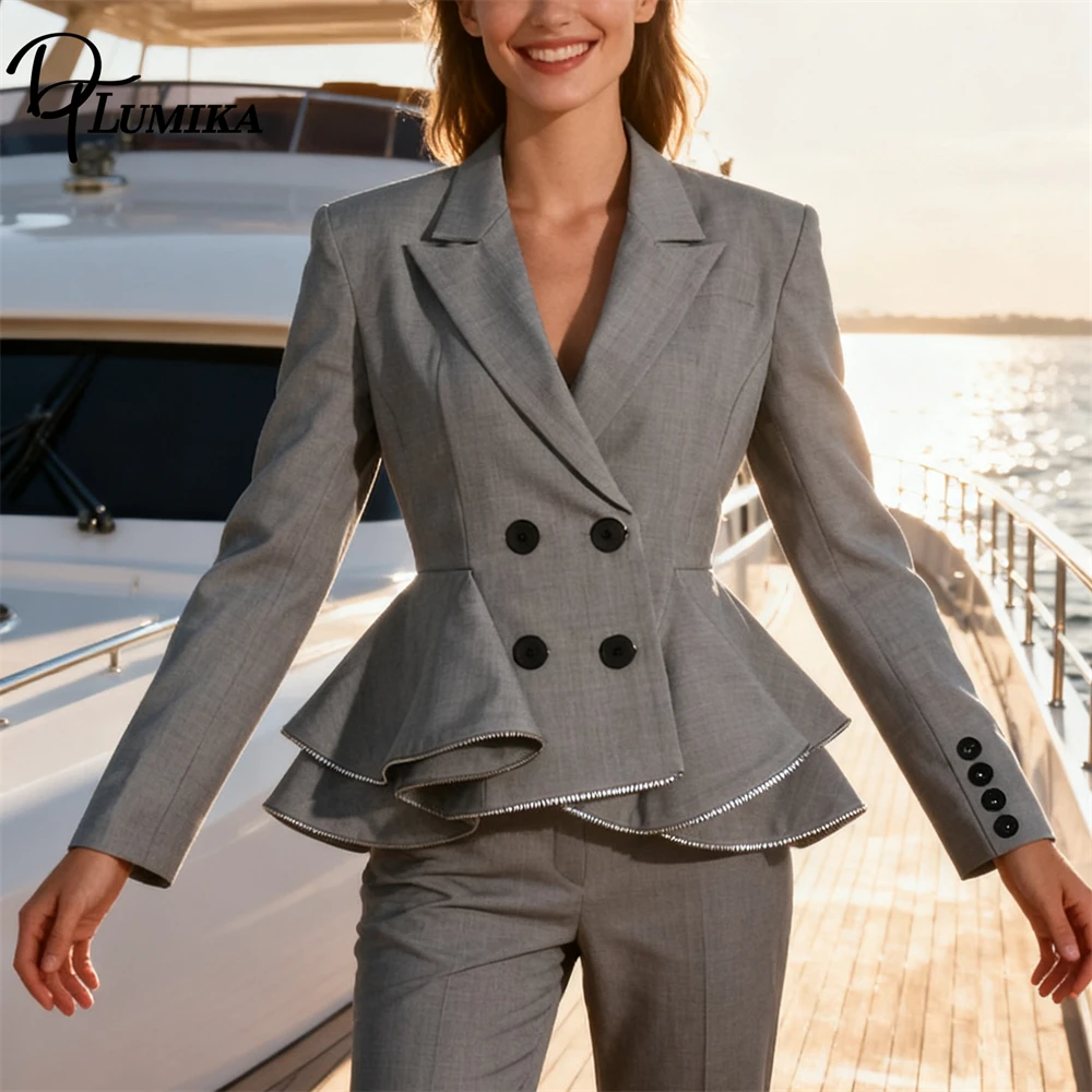 DTLumika Trendy Commuting Slim Suit for Women, 2026 Autumn New Ruffle Edge Suit Jacket Waist Cinching Long Sleeved Jacket