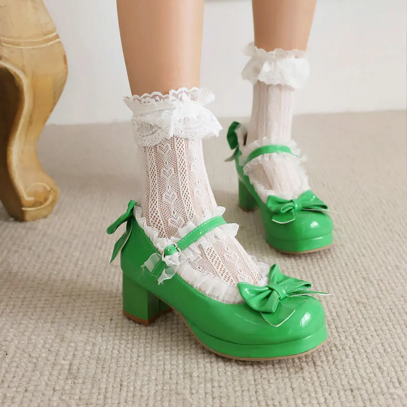 Sweet Lolita Girls Shoes Women Mary Janes High Heels Ruffle Bow Patent Leather Wedding Party Cosplay Women Pumps Plus Size 30-48