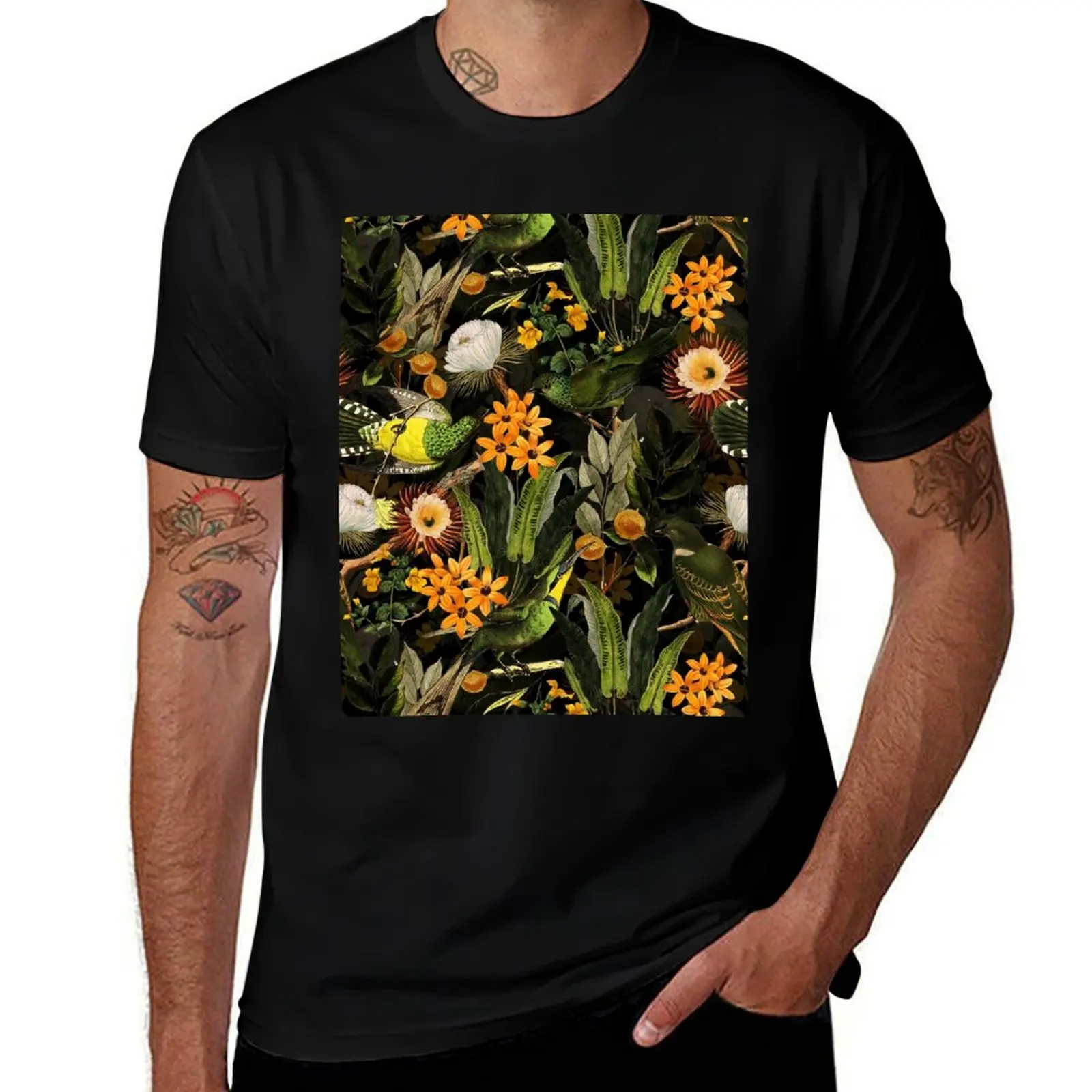 

Birds In Tropical Flower Garden - black T-Shirt aesthetic clothes Blouse plus sizes graphics mens graphic t-shirts anime