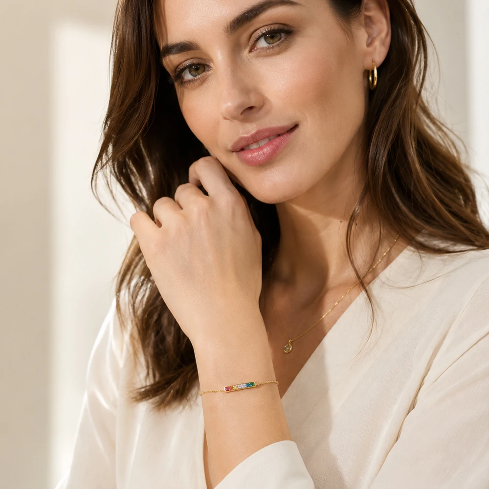 Gold Plated Bracelet Link Chain Colourful Stones 925 Sterling Silver Vintage Jewelry Europe Women Gift