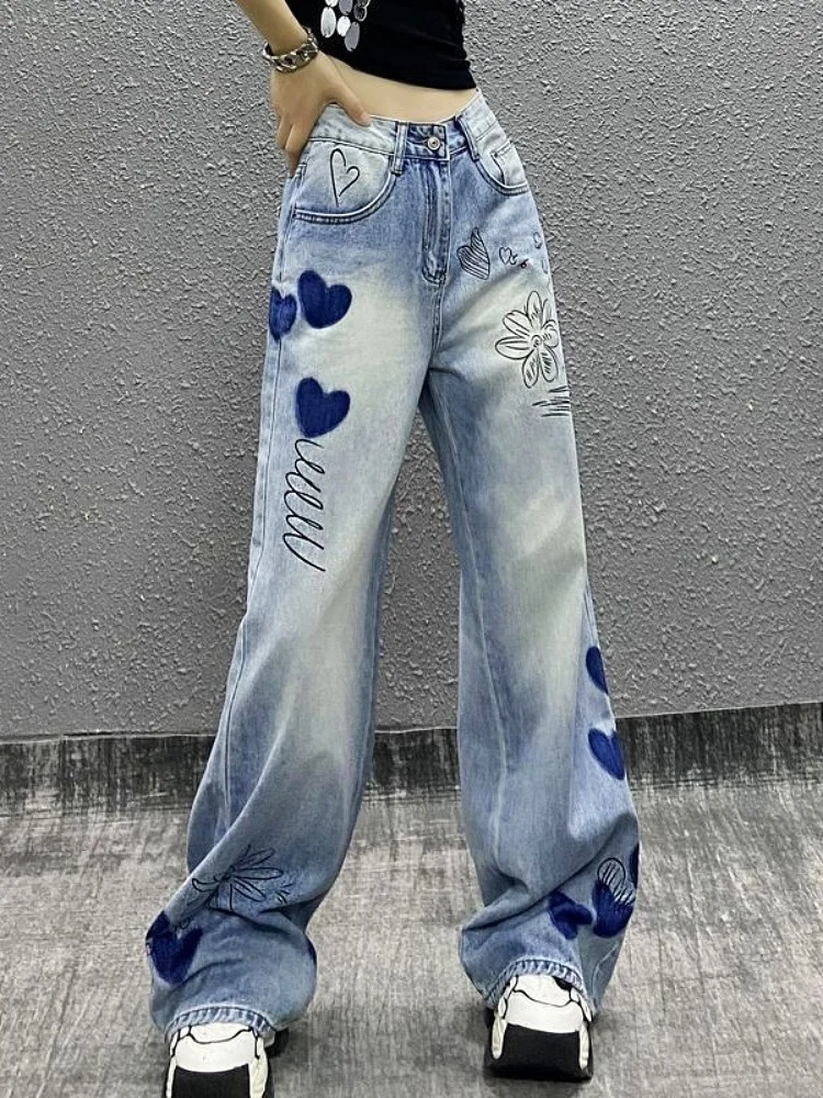 

Japan-korean Retro Color-block Printed Heart Flower Straight-leg Jeans For Women High-waist Straight Wide-leg Floor-length Pants