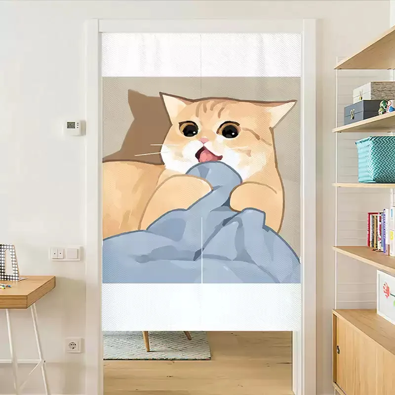 VIKAMA Niedlicher Katzen-Türvorhang, Cartoon-Illustration, Windtrennvorhang, Küche, Badezimmer, Abdeckung, Halbvorhang, Heimdekoration