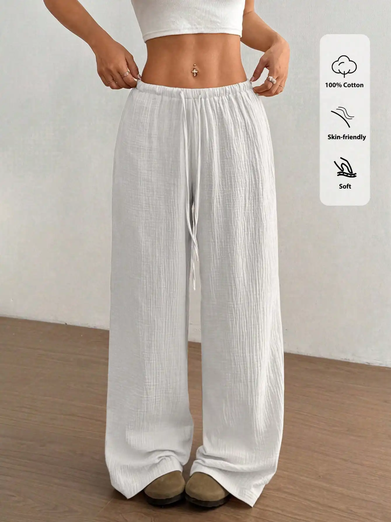 

Women's Low Waist Wide Leg Cotton Pants, Soft Casual Trousers for Daily Wear
