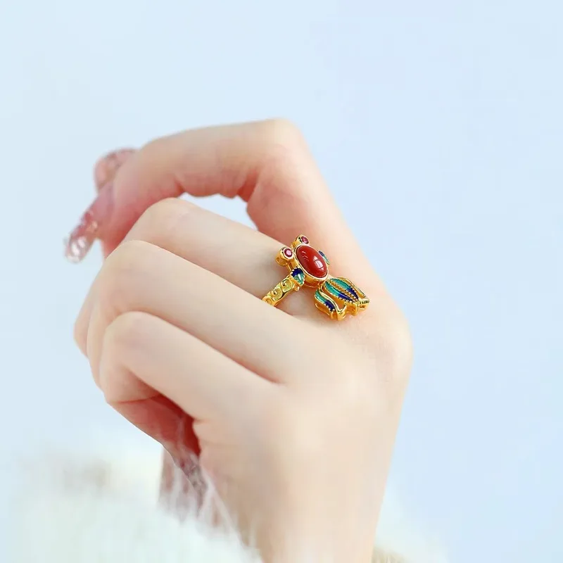 

Nanhong agate ring women's enamel new Chinese style temperament koi retro jewelry