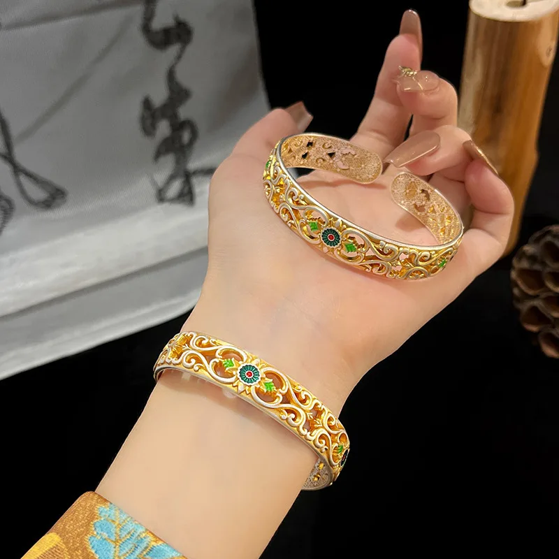 

999.9 Pure Silver Openwork Filigree Enamel Bracelet with Scroll Design & Gold Gilding – Elegant Royal Style Gift for Girlfriend