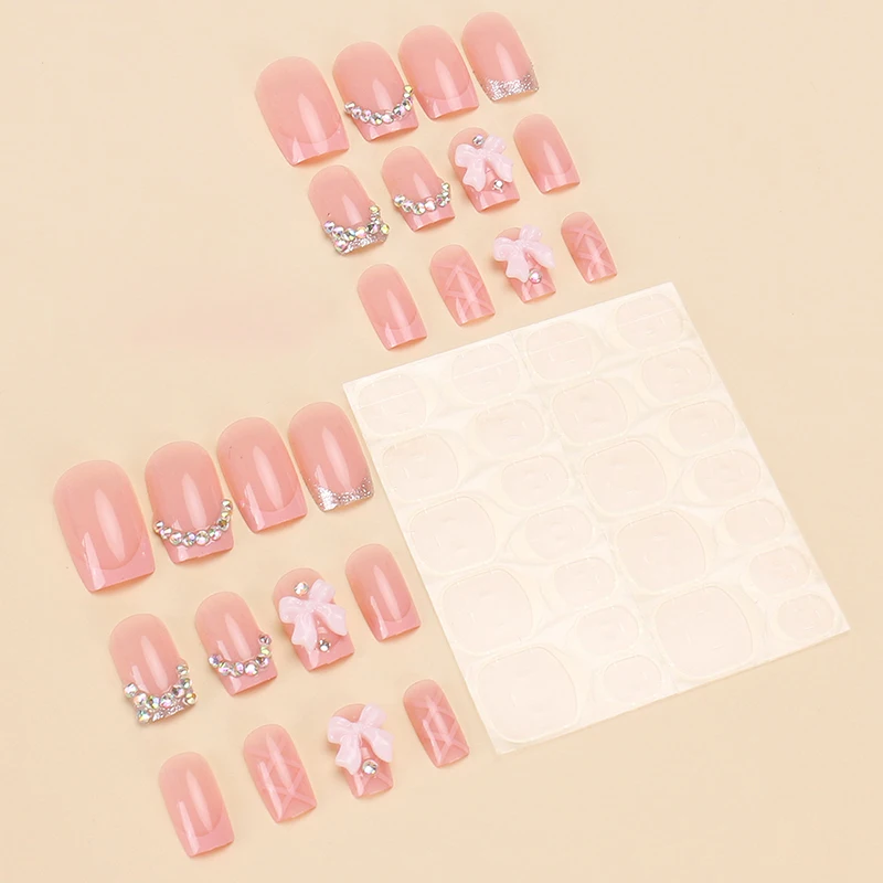 24pcs French Style False Nails 3D Pink Bowknot Designs Short Square Press On Nails Sweet Cool Korean Fashion Fake Nail Tips