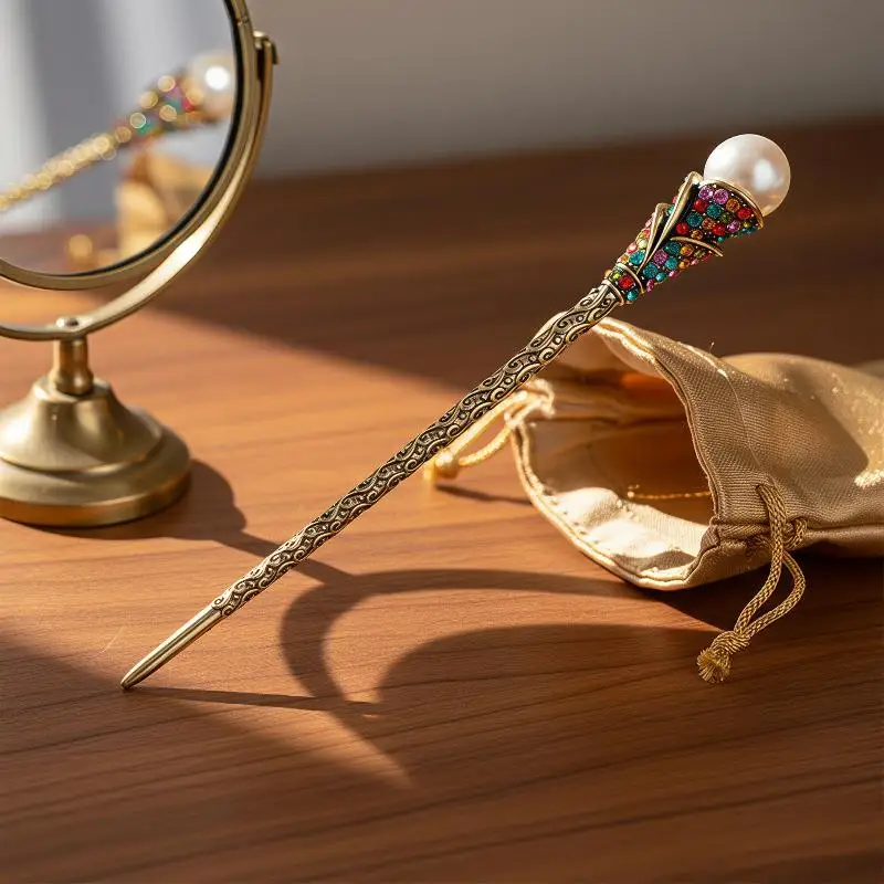 Antiker Goldener Geschnitzter Haarstab mit Kunstperlen und Bunten Strasssteinen für Hanfu, Hochzeiten, Partys und Tägliche Haardekoration – Detail 6