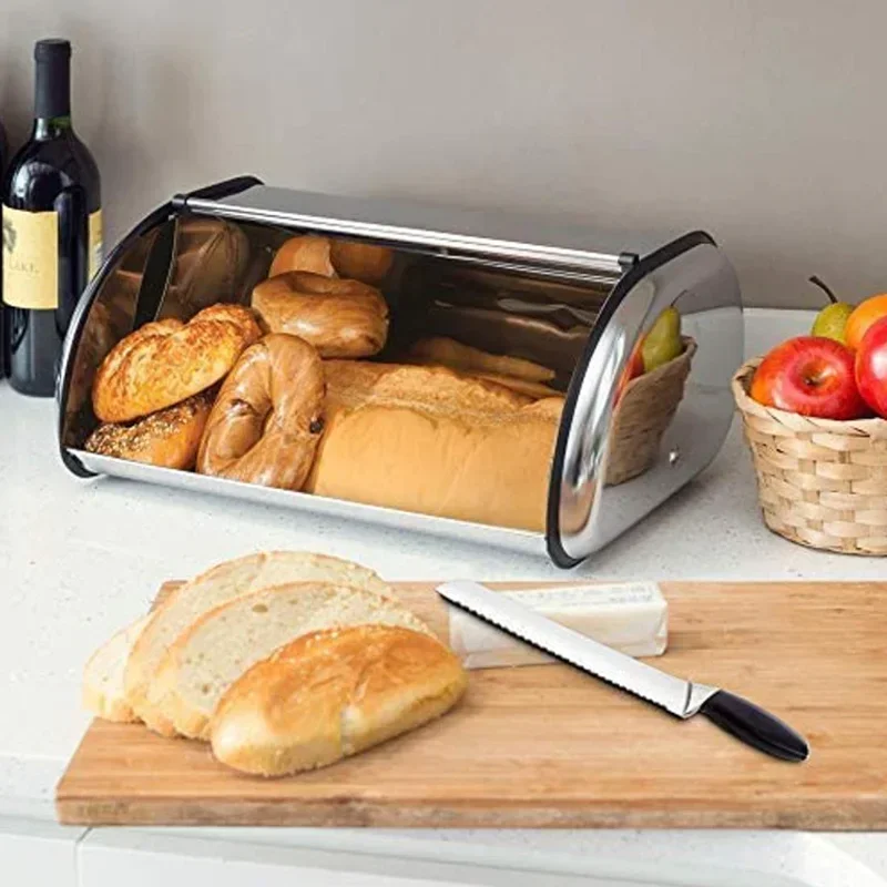 

Metal Bread Box with Hinged Sliding Lid Desktop Pastry Storage Box Steel Container Pastry Container Storage Bread Sealed Tissue