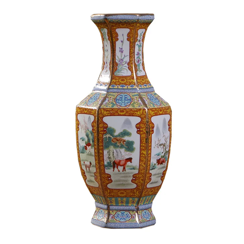 Ceramic Vase Antique Imitation Chinese Style Porcelain Decorative Ornaments Crafts Enamel Color Twelve Zodiac Hexagonal Bottle