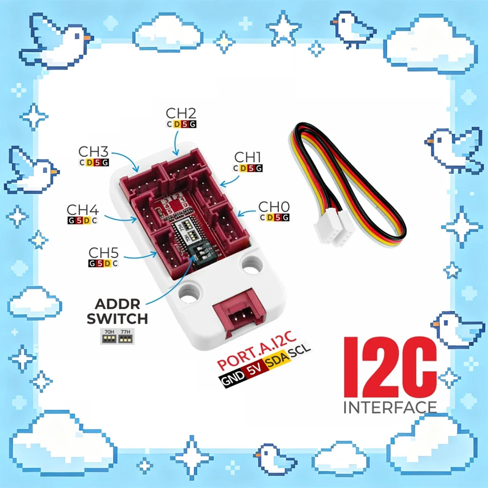

M5Stack PaHub v2.1 I2C Bus One-Divided-Six Expansion Module Support Multi-Cell Cascade Connect More I2C Devices Extension Module
