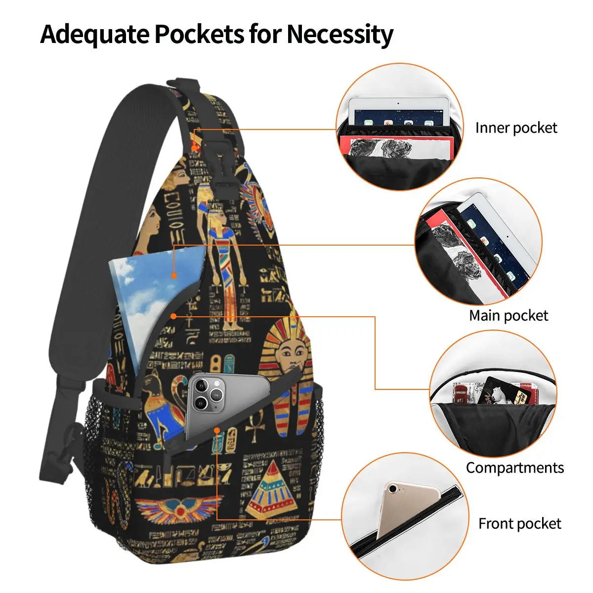 Egyptian Hieroglyphs Deities Sling Bag Chest Crossbody Shoulder Backpack Hiking Travel Daypacks Egypt Pattern Bag