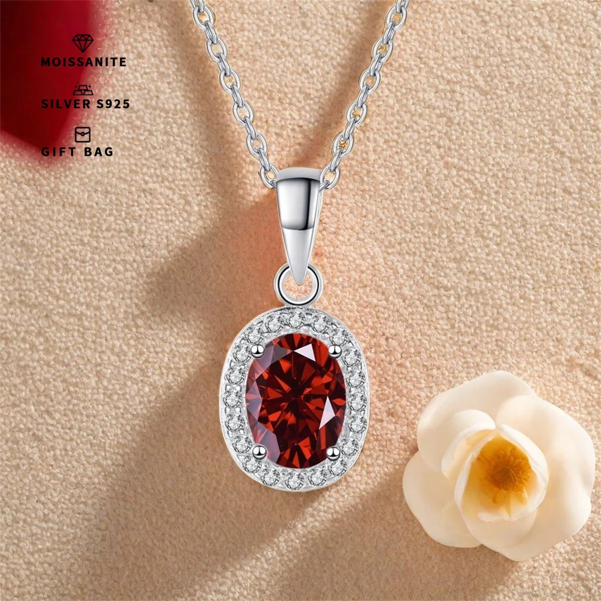 1PC Red GRA Moissanite Oval 5*7MM pendant, S925 sterling silver elegant fashion clavicle chain, Valentine's Day & Birthday