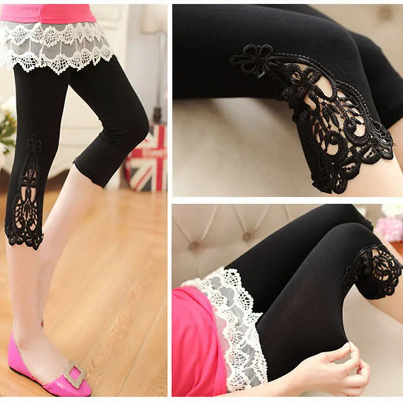 Mallas elásticas de encaje calado de verano para mujer, pantalones ajustados deportivos para Fitness, mallas cortas de longitud 3/4, pantalones Capris recortados de Modal