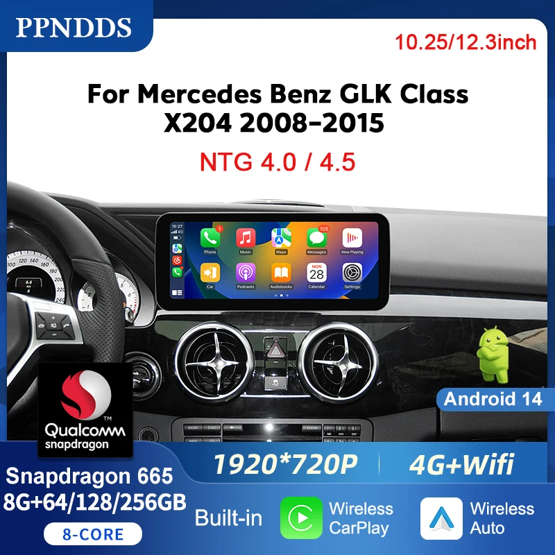 PPNDDS Auto Radio For Mercedes Benz GLK Class X204 2008-2015 Android 14 CarPlay Screen DSP 4G WiFi Car Stereo Multimedia Player