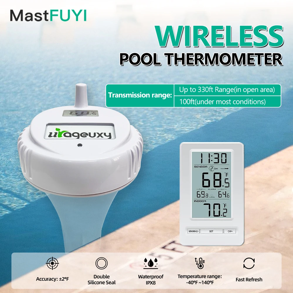 เทอร์โมมิเตอร์วัดอุณหภูมิน้ำแบบดิจิตอลไร้สาย MASTFUYI พร้อมเซ็นเซอร์ 8 ตัวสำหรับสระว่ายน้ำ สปา อ่างน้ำร้อน, เครื่องวัดอุณหภูมิแบบดิจิตอลกันน้ำระดับ IPX8