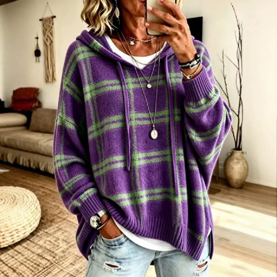 Women's Plate Hooded. Knit Sweater, Loose Fit, Dropped. Shoulders, Drawstring, Pullover Style, Random Outerwear