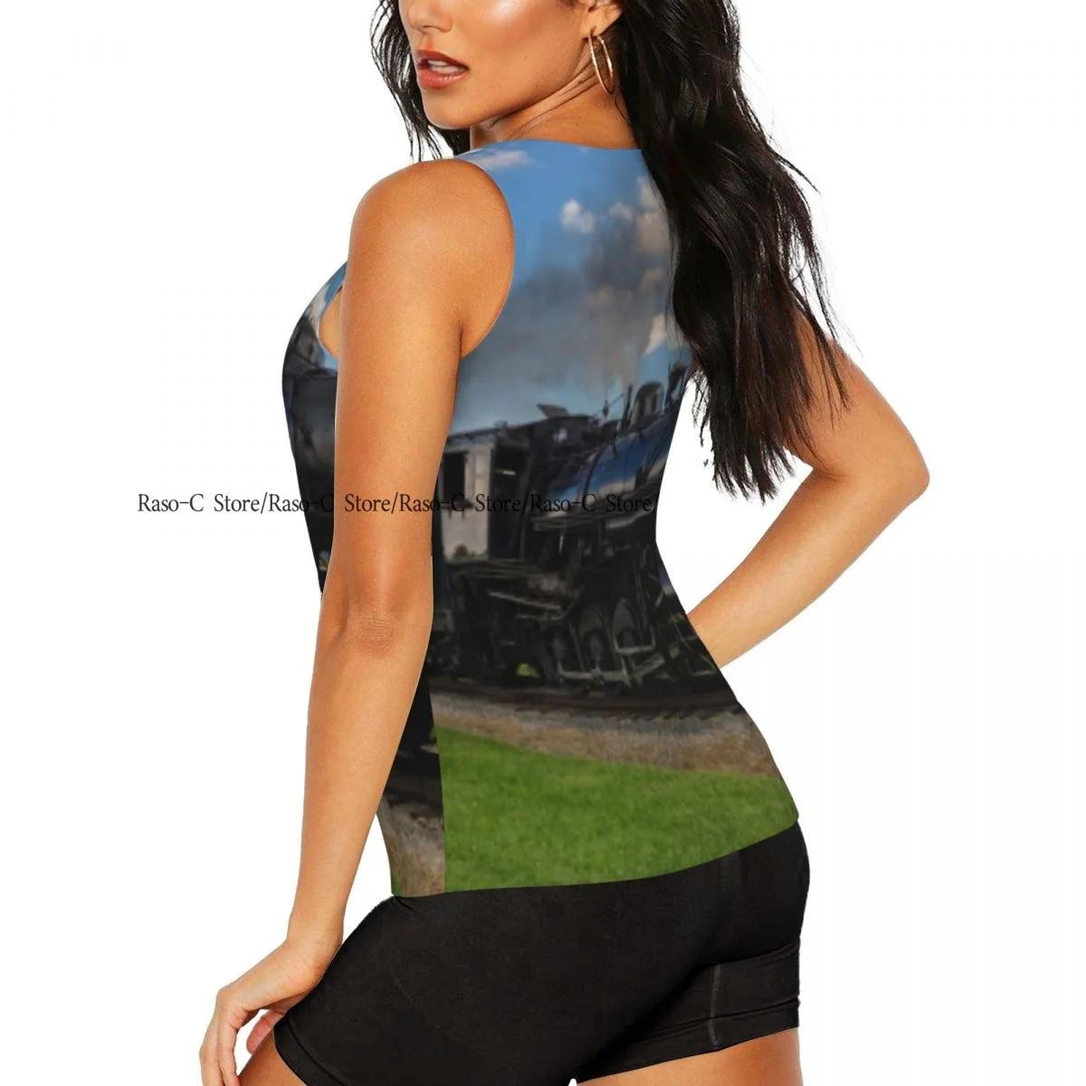 قمصان نسائية للتمرين بدون أكمام سريعة الجفاف بدون أكمام قمصان رياضية محرك بخاري قاطرة عتيقة في الريف والصالة الرياضية واليوجا #3