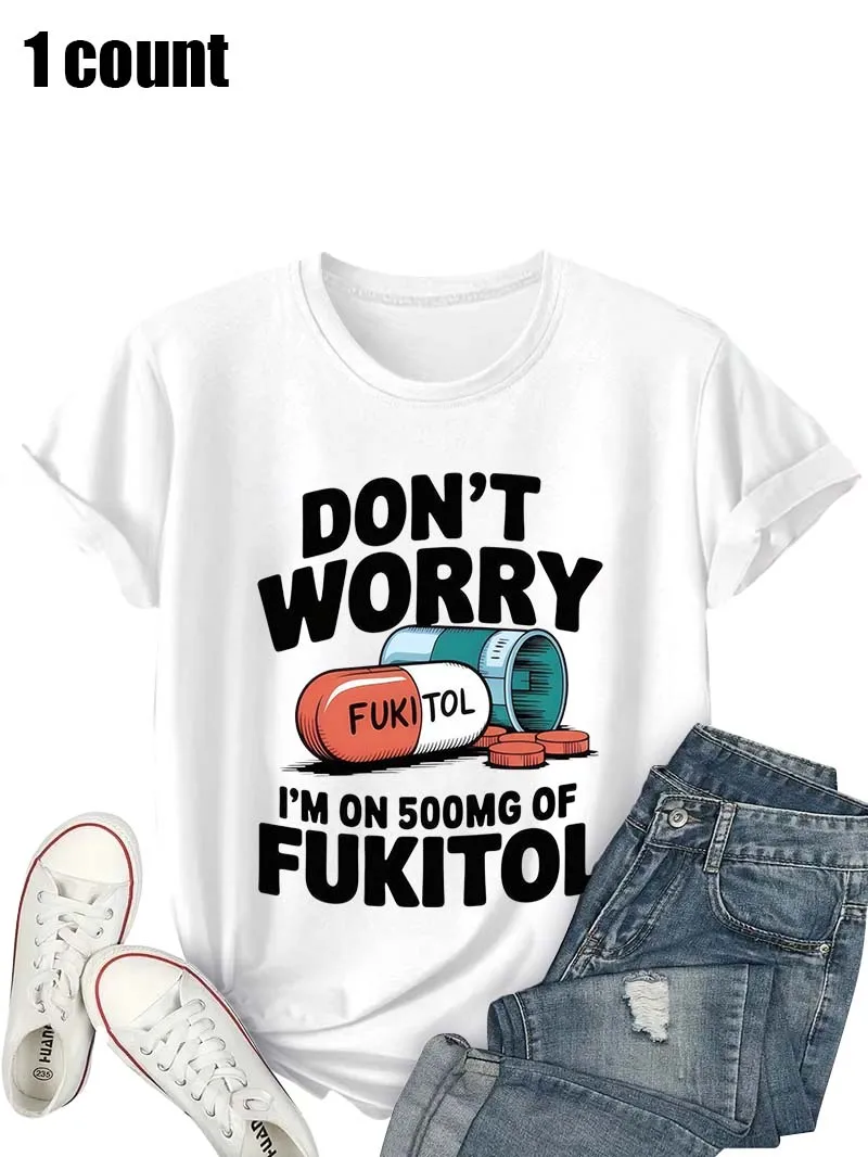 Camiseta de manga corta blanca de talla grande para mujer, camiseta informal divertida con estampado gráfico de pastillas "DON'T WORRY", divertida y relajada