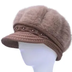 Winter Protection Warm Wool Knitting Hat rabbit fur Thick Soft Beanies Ladies Fashion Skullies Cap For Mother Painter Visors