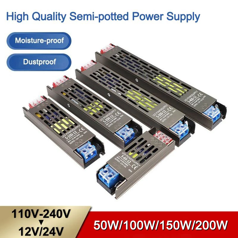 

Silent Slim Semi-potted 50W/100W/150W/200W Power Supply 12v 24v Transformer LED Driver For LED Light Strip Lighting