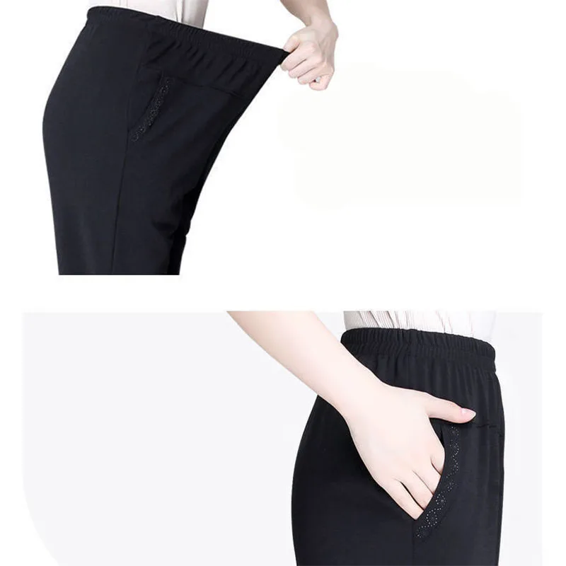 Big Size 5XL Women Casual Straight Pants Spring Summer Thin Loose Elastic High Waist Fashion Diamonds Pocket New Female Trousers